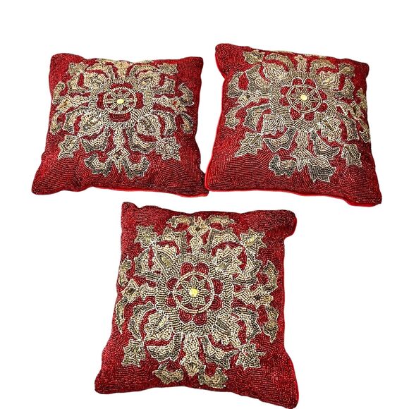 x3 Pier 1 Red Satin Heavily Beaded Geometric Snowflake Festive Pillows Holiday - Picture 2 of 12